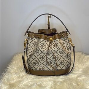 Tory Burch Brown and Cream Shoulder Bag with Geometric Floral Design